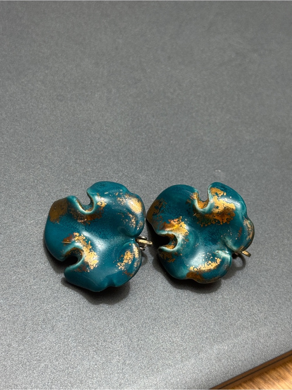 Teal and Gold Floral Vintage Clip-On Earrings